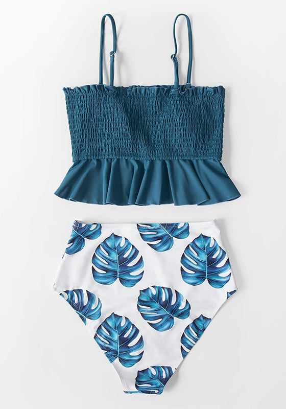 Smocked Blue Leaves Print Bikini Set