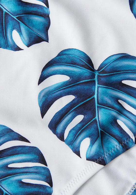 Smocked Blue Leaves Print Bikini Set