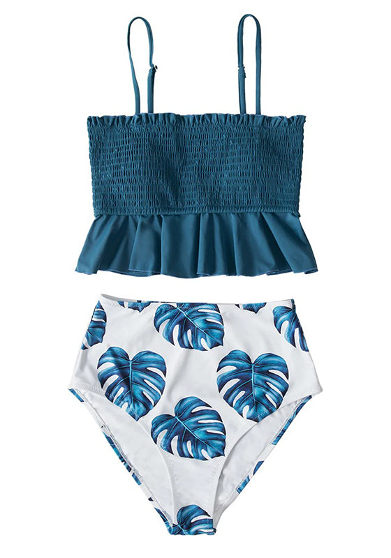 Smocked Blue Leaves Print Bikini Set