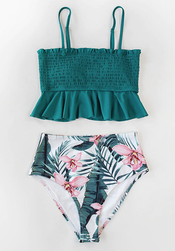 Smocked Blue Leaves Print Bikini Set