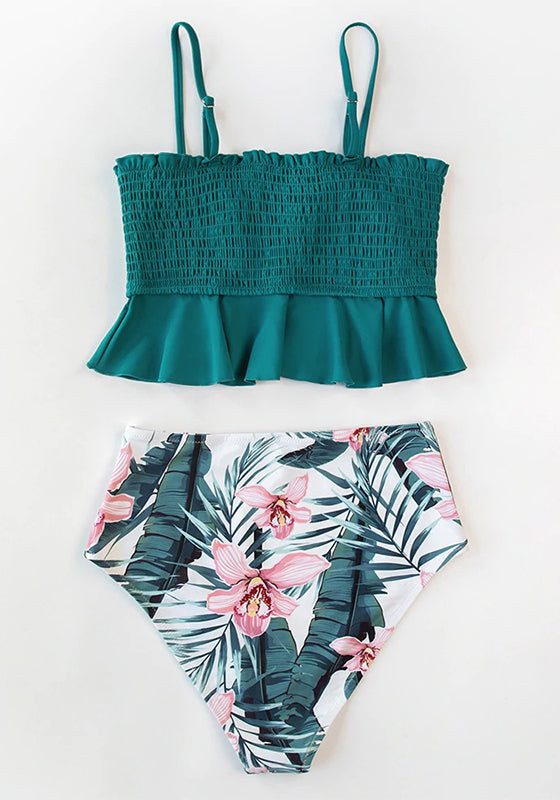 Smocked Blue Leaves Print Bikini Set