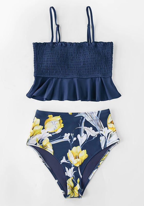 Smocked Blue Leaves Print Bikini Set