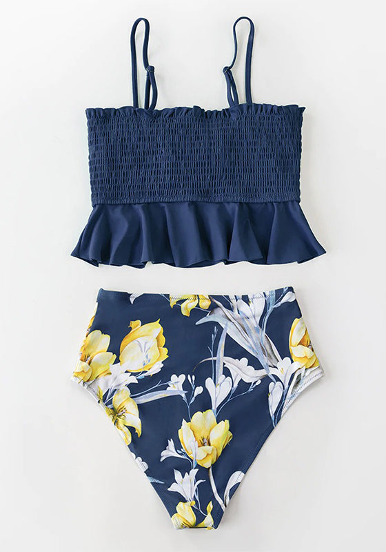 Smocked Blue Leaves Print Bikini Set