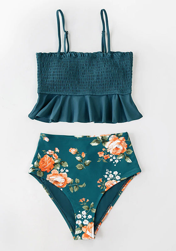 Smocked Blue Leaves Print Bikini Set