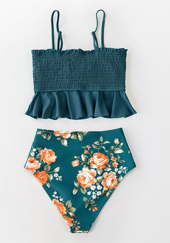 Smocked Blue Leaves Print Bikini Set