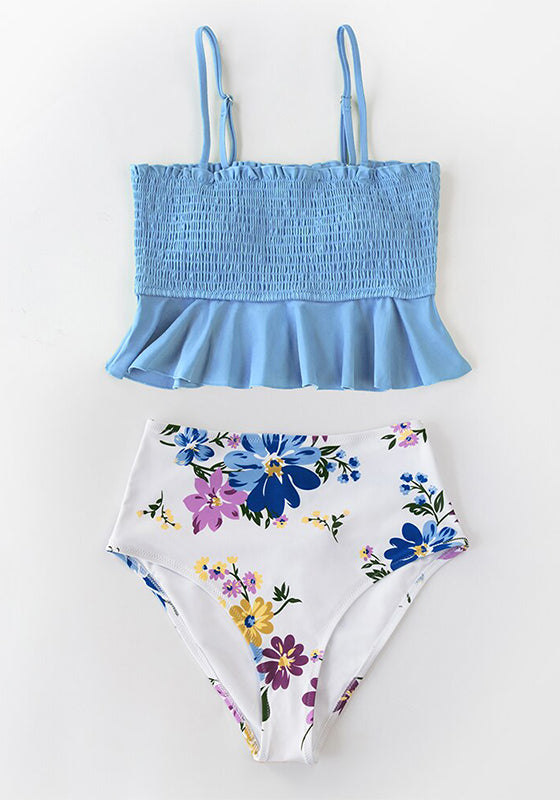 Smocked Blue Leaves Print Bikini Set