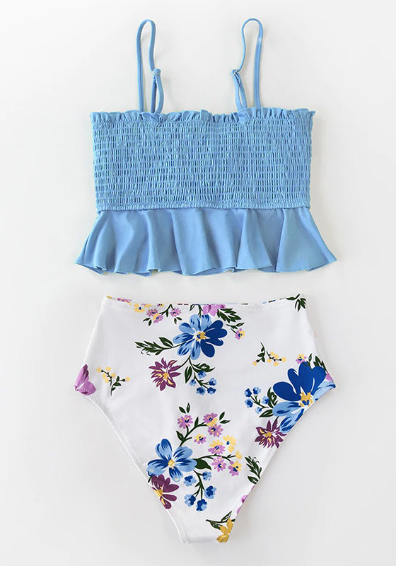 Smocked Blue Leaves Print Bikini Set