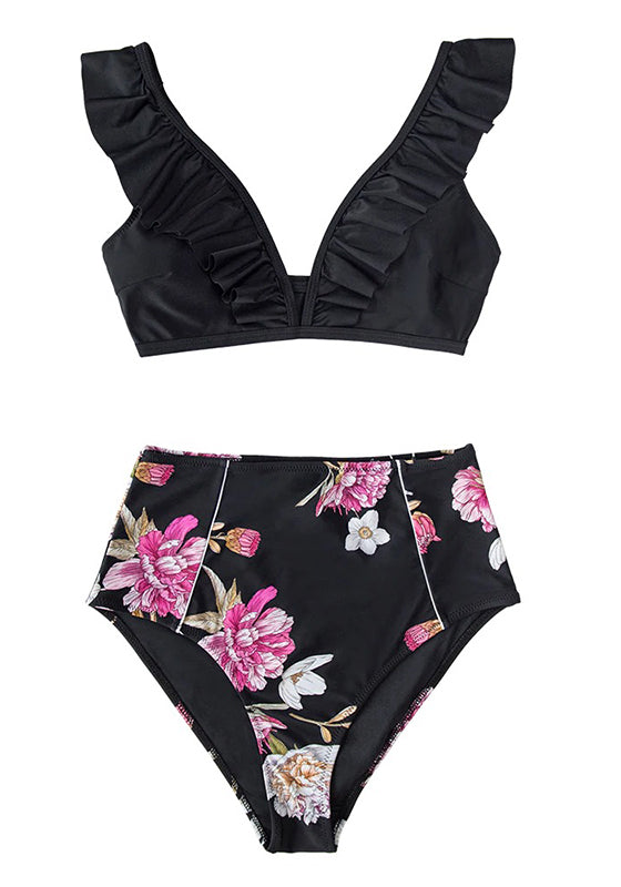 Floral Red High-waisted Bikini Set