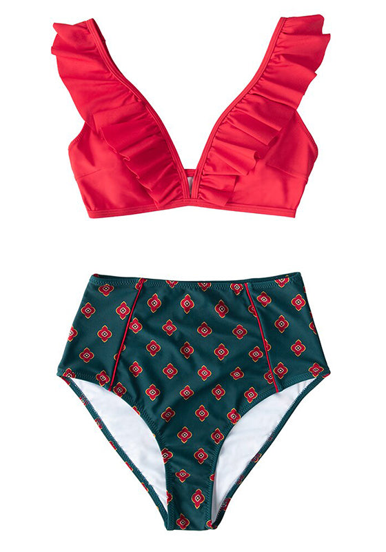 Floral Red High-waisted Bikini Set