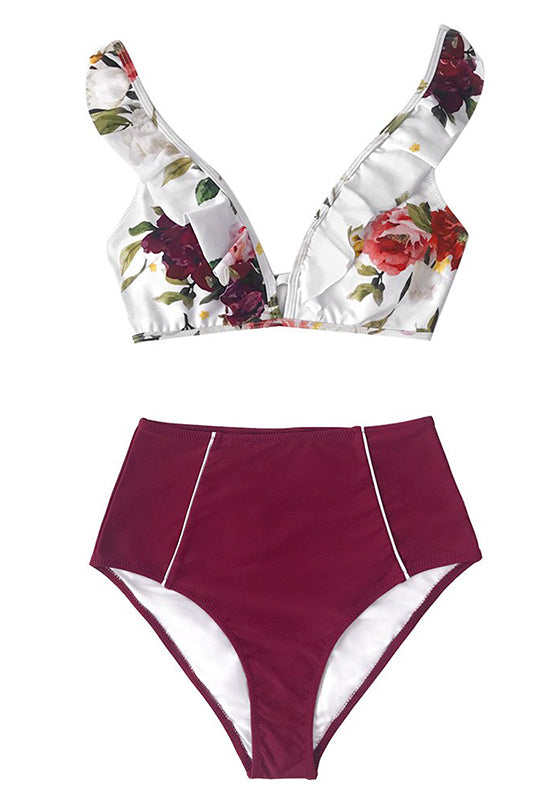 Floral Red High-waisted Bikini Set