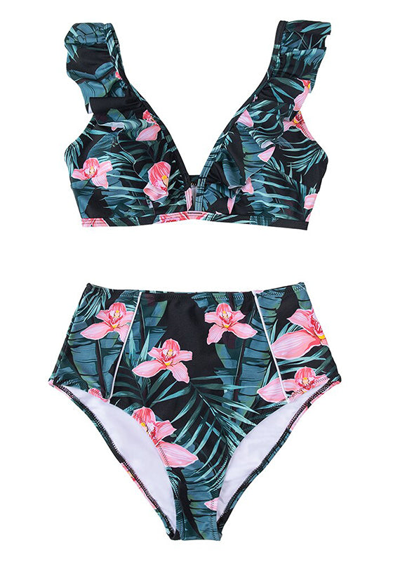 Floral Red High-waisted Bikini Set