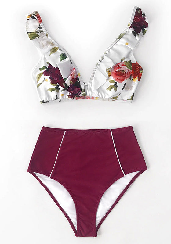 Floral Red High-waisted Bikini Set