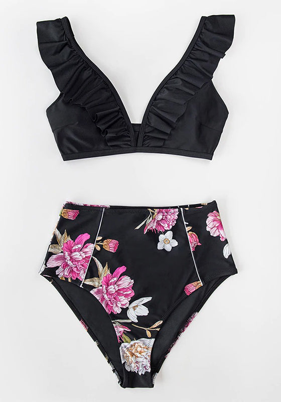 Floral Red High-waisted Bikini Set