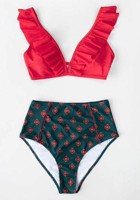 Floral Red High-waisted Bikini Set