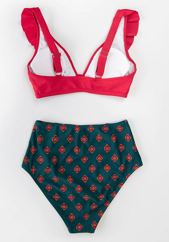 Floral Red High-waisted Bikini Set