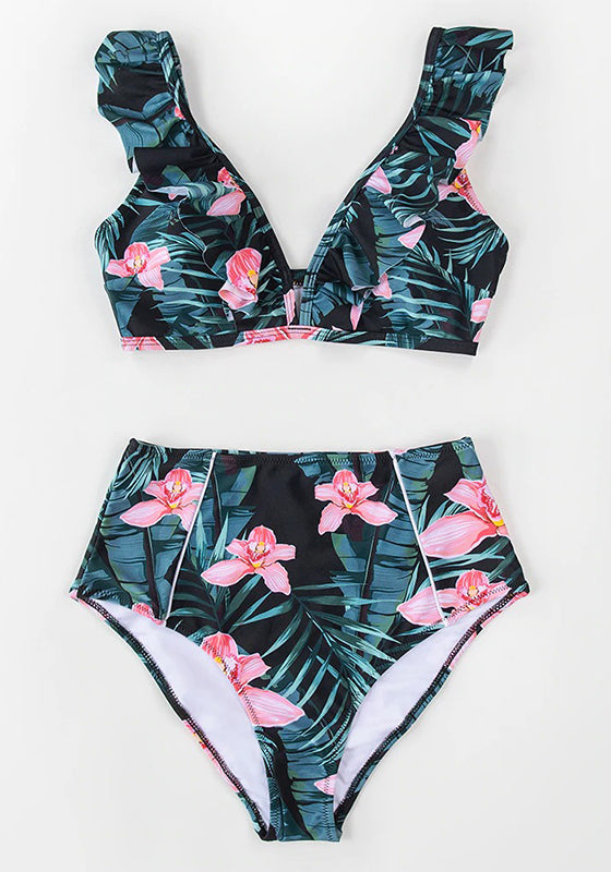 Floral Red High-waisted Bikini Set