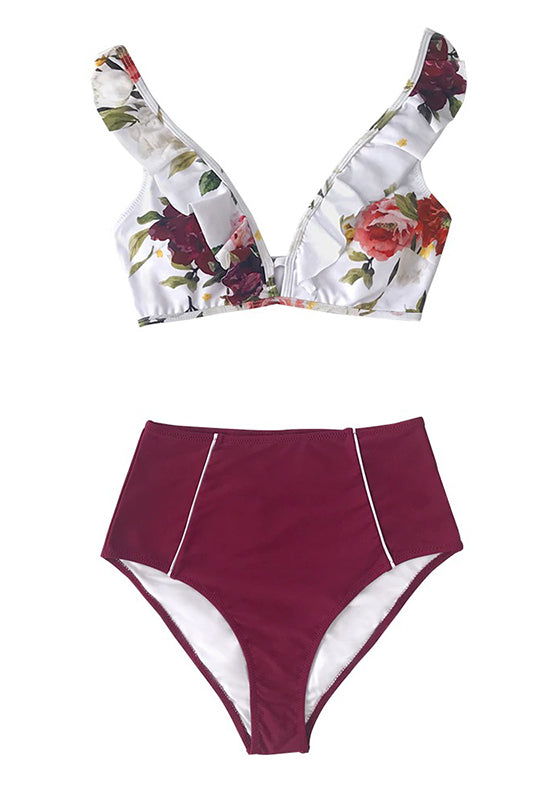 Floral Red High-waisted Bikini Set