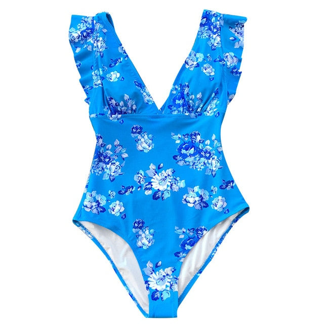 Elegant Blue Floral Print One-Piece