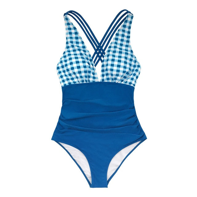 Solid Blue and Gingham V-neck One-Piece