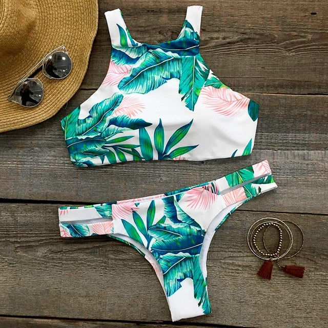 Ocean Vibes Palm Printing Tank Thong Bikini Set