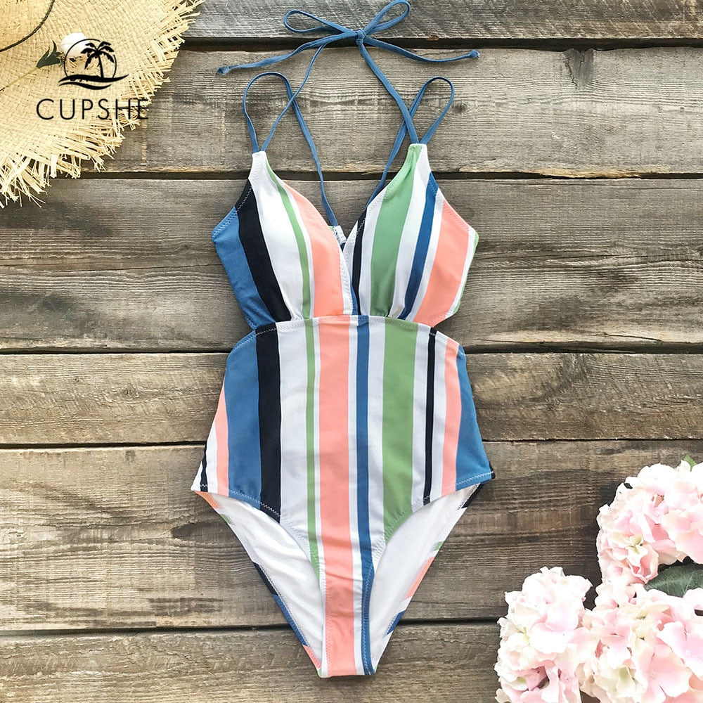 Stripe V-neck Halter One-Piece