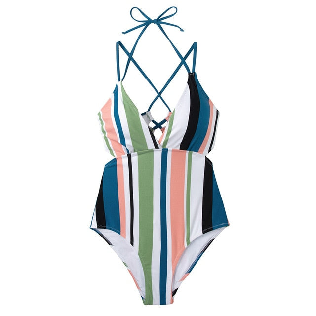 Stripe V-neck Halter One-Piece