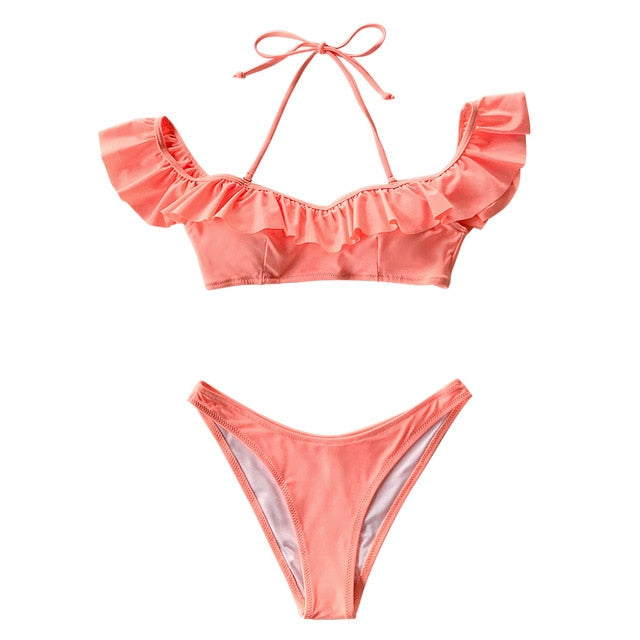 Solid Pink Ruffled Halter Thong Bikini Set