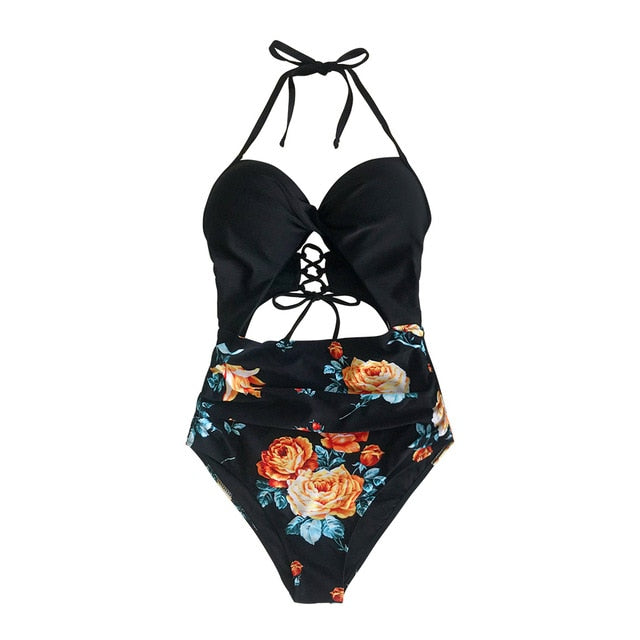 Sexy Black Floral Print Halter One-Piece