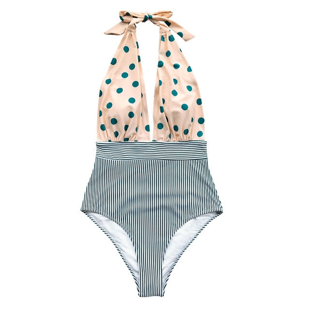 Retro Polka Dot Stripe Halter One-Piece