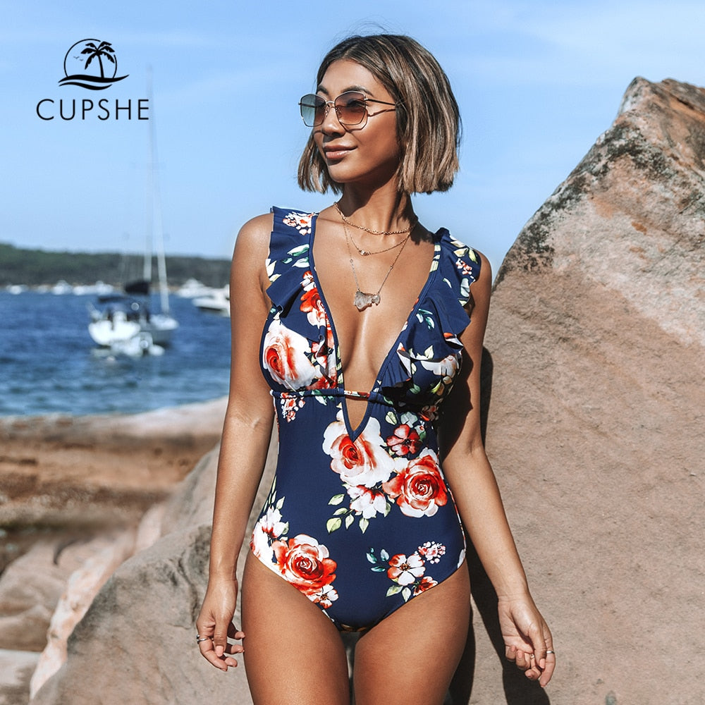 Floral Print Ruffled Deep V-neck One-Piece