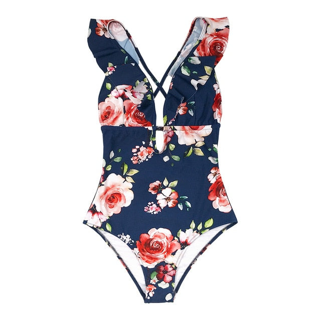 Floral Print Ruffled Deep V-neck One-Piece