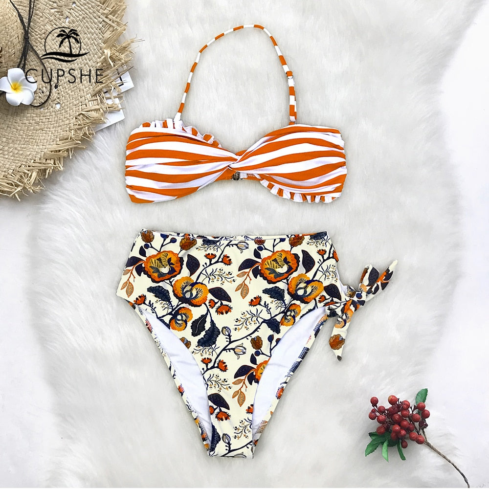 Orange Striped And Floral High-waisted Bikini Set