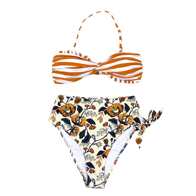 Orange Striped And Floral High-waisted Bikini Set