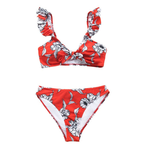 Red Floral Knotted Ruffled Bikini Set