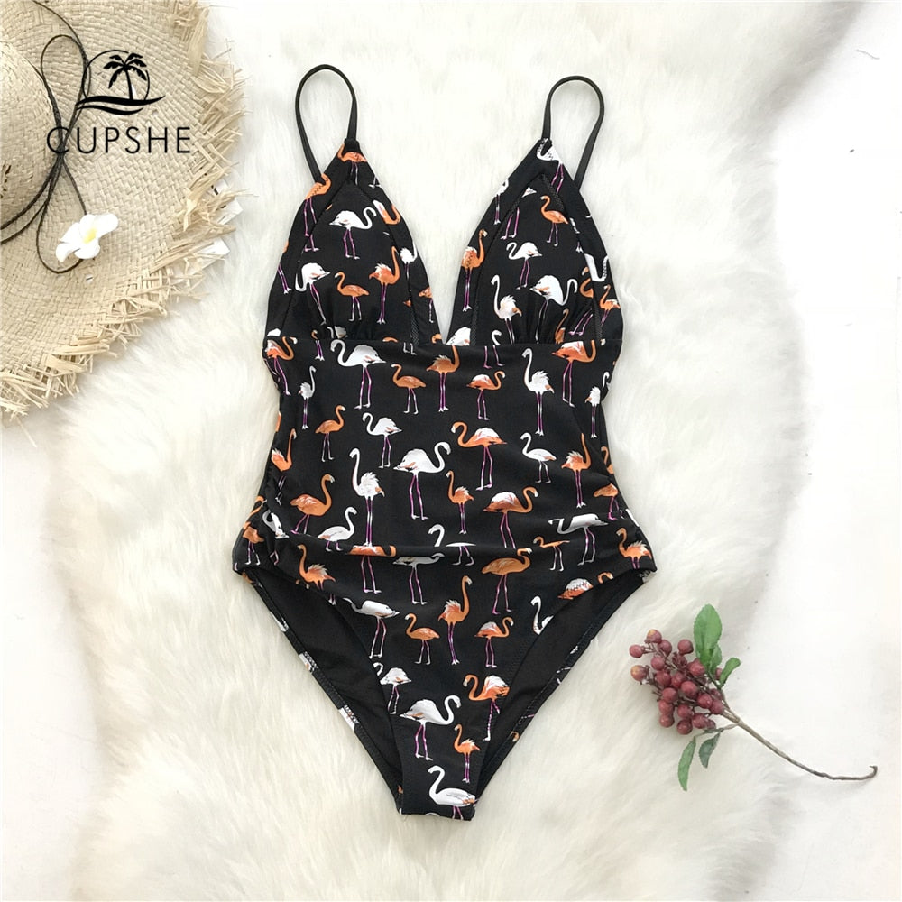 Black Flamingo Print Plunging One-Piece