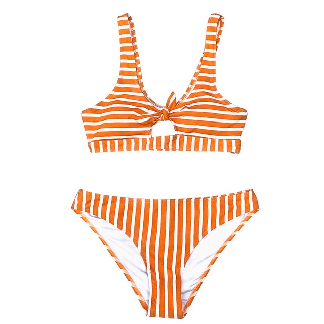 Orange And White Stripe Bowknot Bikini Set