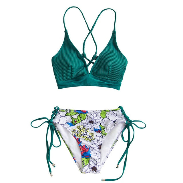 Sexy Green And Floral Lace-Up Bikini Set