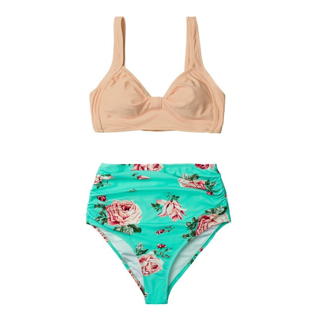 Pink And Green Floral High-waisted Bikini Set