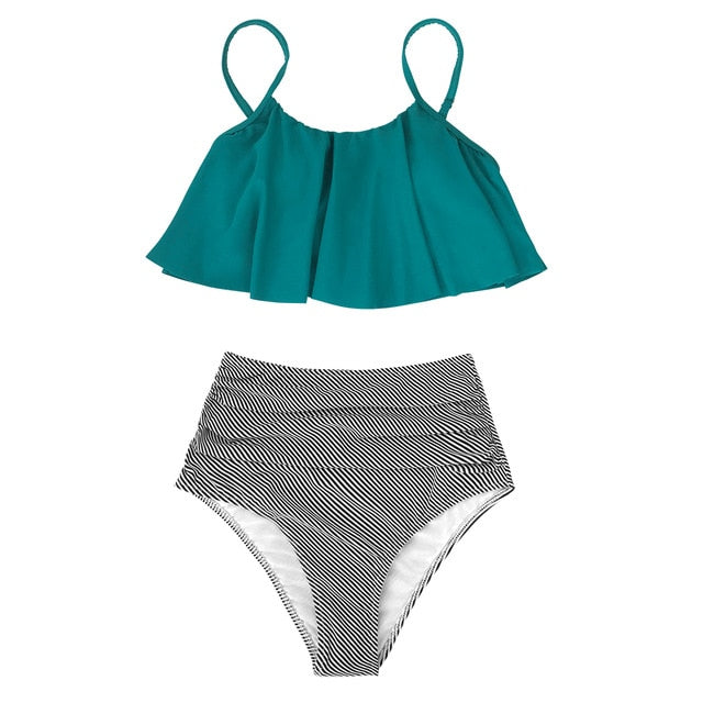 Green and Stripe High Waisted Bikini Set