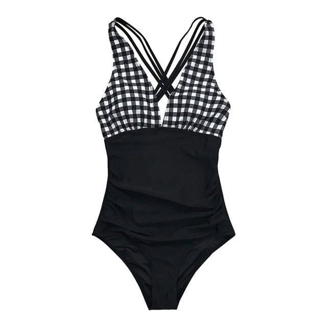 Black And White Gingham Ruched One-Piece