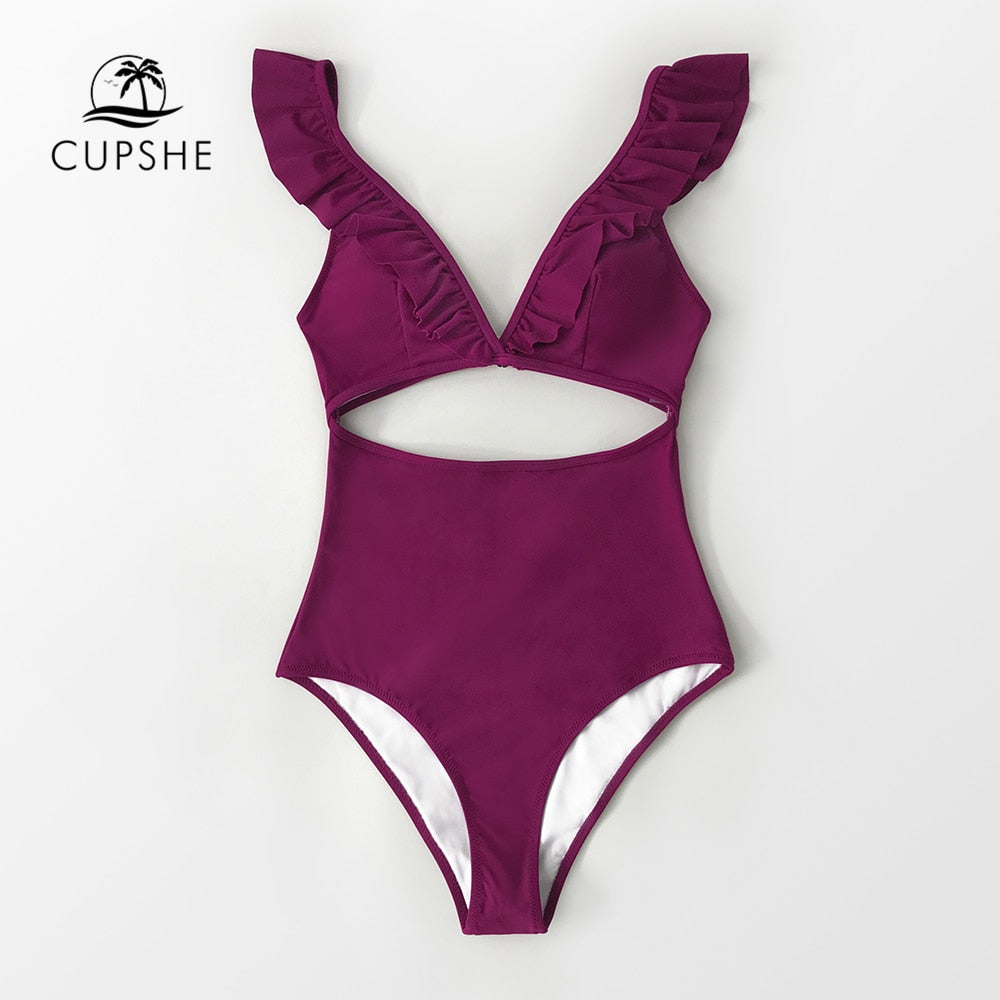 Solid Claret Ruffles V-neck One-Piece