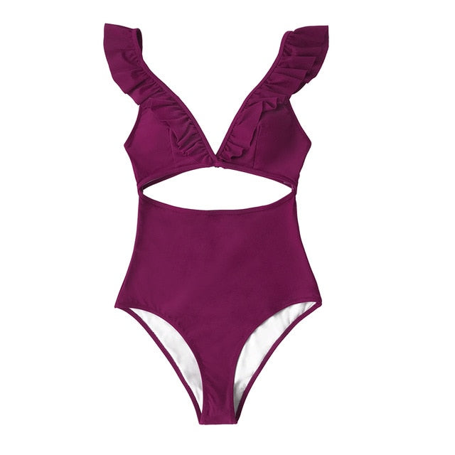 Solid Claret Ruffles V-neck One-Piece