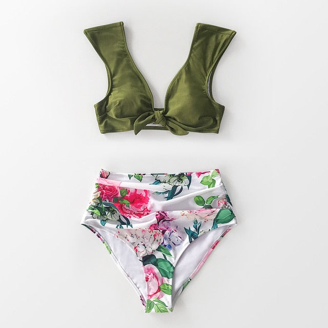 Green and White Floral High-Waisted Bikini Set