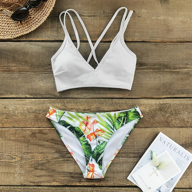 White and Green Leaf Print Low-waist Bikini Set