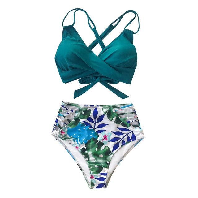 Tropical Palms Twist-Front High-Waisted Bikini