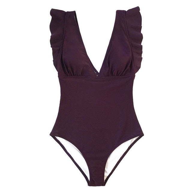 Solid Burgundy Ruffled V-Neck One-Piece