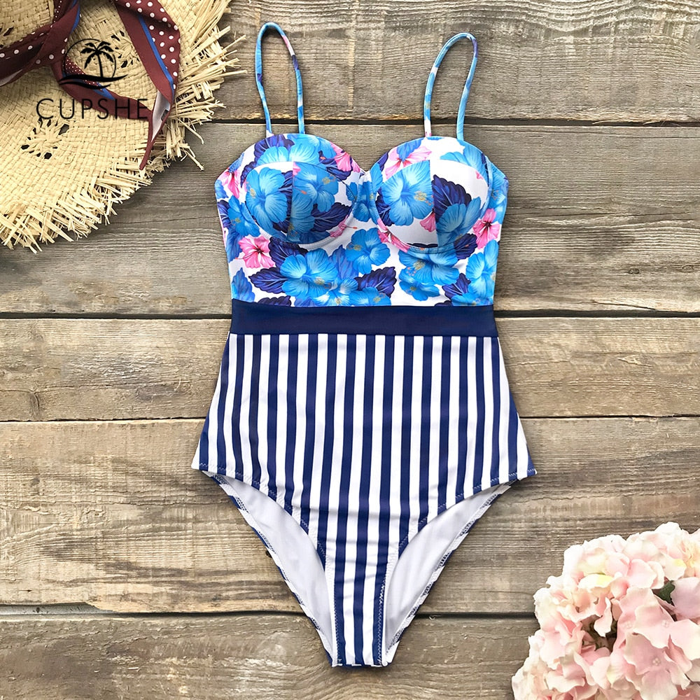 Sexy Blue Hibiscus Floral And Stripe One-Piece