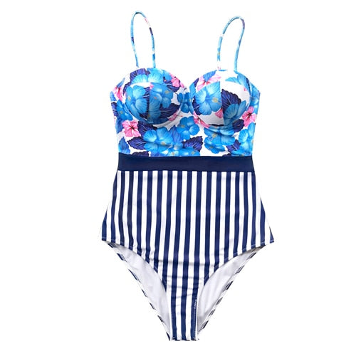 Sexy Blue Hibiscus Floral And Stripe One-Piece