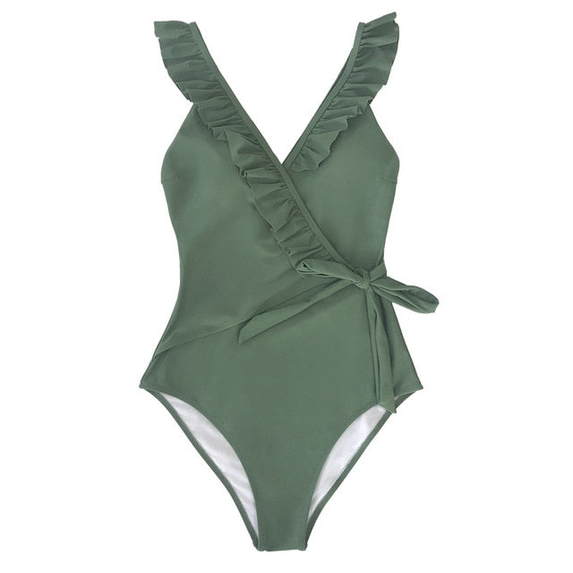 Solid Olive V-neck Ruffled Lace-up One-Piece