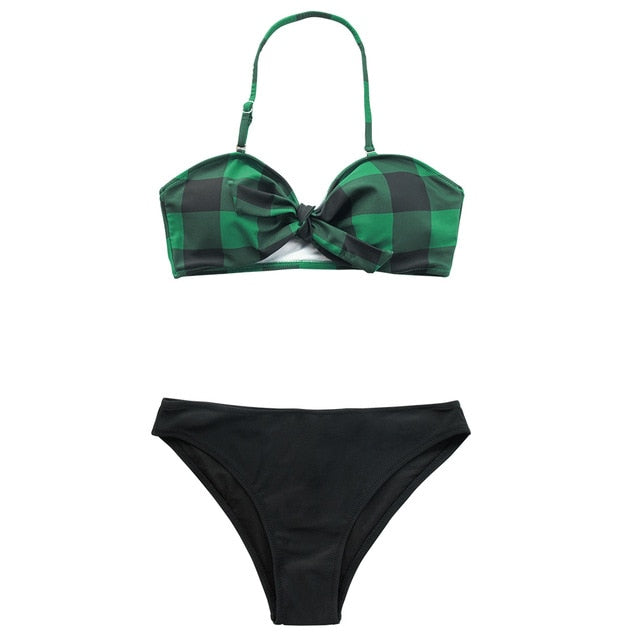 Green Plaid Bandeau Low-waist Halter Bikini Set